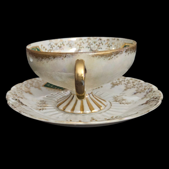 Royal Sealy Japan Pedestal Luster Footed Teacup & Saucer Green Gold Floral - Picture 5 of 10